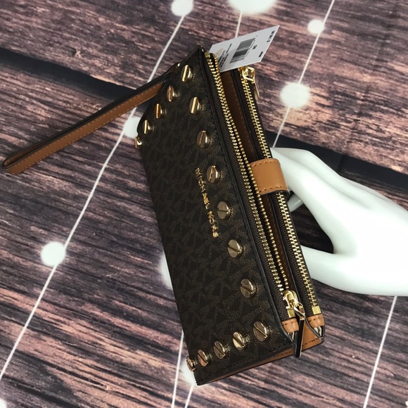 🤎NEW MICHAEL KORS 🤎 BROWN STUDDED DOUBLE ZIP - Picture 4 of 13